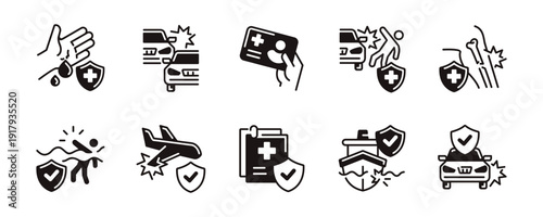 Simple travel accident safety insurance icon line set unique style. Transport protection shield check mark emergency medical support people injury health assurance signs vector illustration