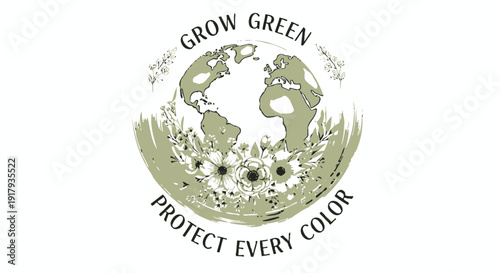 Environmental eco friendly logo with earth and flowers, green color scheme. Includes grow green, protect every color text. Created in vector style with green palette.