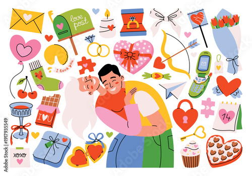 Romantic stickers set and illustrations for Valentine's Day, holidays, weddings, celebrations. Love, infatuation, passion. A loving couple hugging. Love items, heart, cupcake, rings, bow, gift, etc.