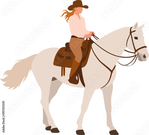 Woman riding a horse in a cowboy outfit while enjoying a day outdoors on a sunny afternoon