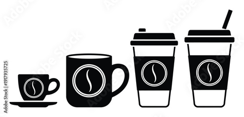 Collection of coffee cups and to-go cups with coffee bean