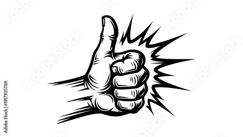 Retro Thumbs Up Hand Gesture, Comic Style, Black and White, Approval Symbol