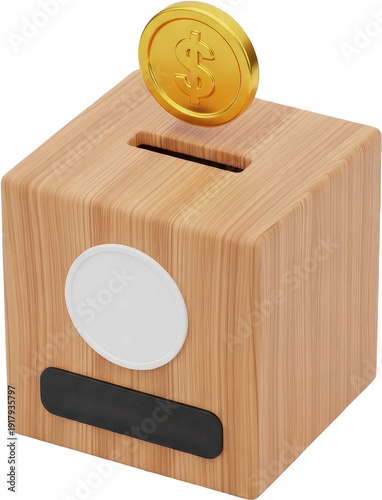 Wooden Savings Box with Golden Coin