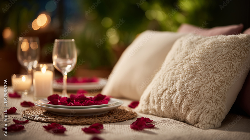 Fototapeta premium Close-up romantic picnic display featuring modern minimalist cushions on a clean neutral rug, rose petals gently scattered across the surface, fine dining tableware arranged with p
