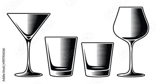 Collection of Four Stylized Drinking Glasses on White Background