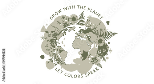 Eco friendly earth globe icon with green plants and leaves, isolated on transparent background. Grow With The Planet and Let Colors Speak text. Vector illustration for ecology 