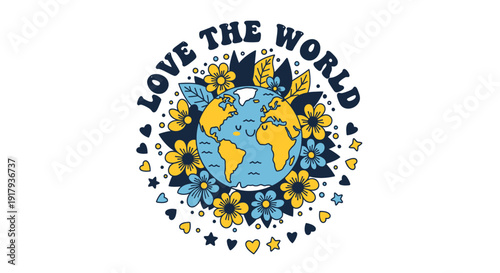Earth day icon with LOVE THE WORLD text, surrounded by hearts and stars in blue and yellow colors, vector illustration.
