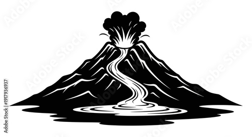  Intense Black Vector Silhouette of an Erupting Volcano for Adventure Concepts. transparent.