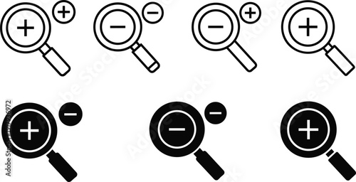 Zoom in and zoom out magnifying glass icon set isolated on white background vector illustration