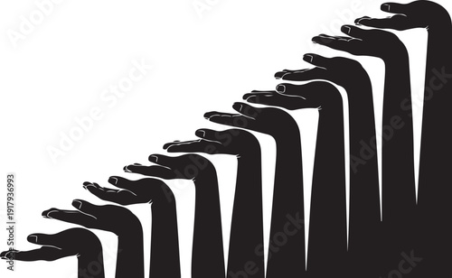 Silhouettes of hands reaching up in a line formation