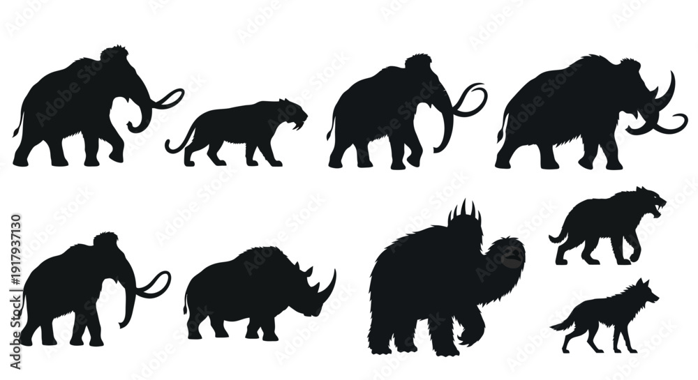 Obraz premium Prehistoric animal silhouette icon collection. Includes woolly mammoths, saber-toothed tigers, woolly rhinoceroses, giant sloths, and dire wolves. Created in solid black flat style with a