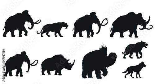 Prehistoric animal silhouette icon collection. Includes woolly mammoths, saber-toothed tigers, woolly rhinoceroses, giant sloths, and dire wolves. Created in solid black flat style with a