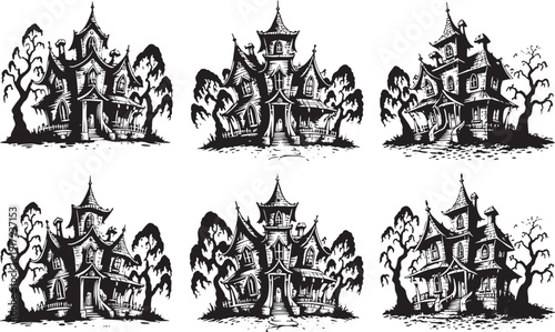 Set of Haunted Mansion Sketch Illustrations, Crooked Gothic Houses Line Art, Halloween Spooky Architecture Isolated