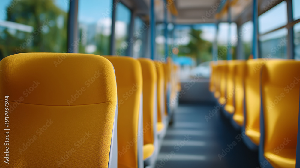 Fototapeta premium Wide cinematic interior scene capturing symmetrical rows of empty school bus seats, bright yet soft daylight illuminating yellow tones evenly, subtle reflections on window glass, c