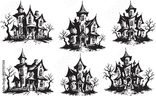 Six sketchy black and white spooky haunted mansions on a black background