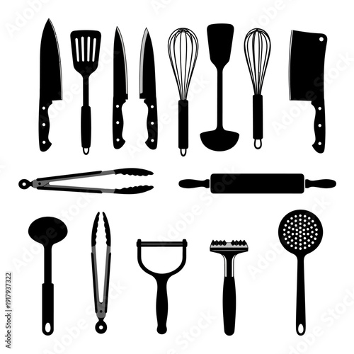Kitchen utensils silhouette icon collection. Includes knives, spatulas, whisks, ladles, tongs, rolling pin, and peelers symbols. Created in solid black style with monochrome palette.