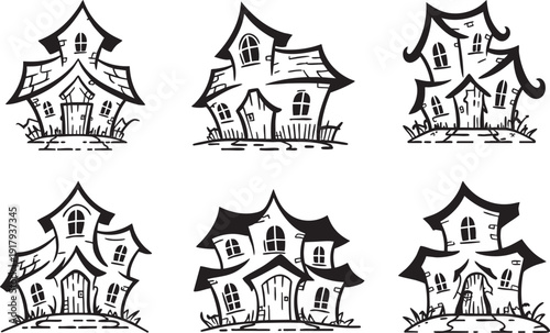 Halloween cartoon haunted house illustrations in black and white spooky design.