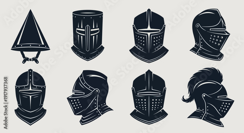 Medieval knight helmet vector collection. Includes great helm, sallet, armet, bascinet, and close helmet types. Created in a detailed monochrome style with a dark grey palette.