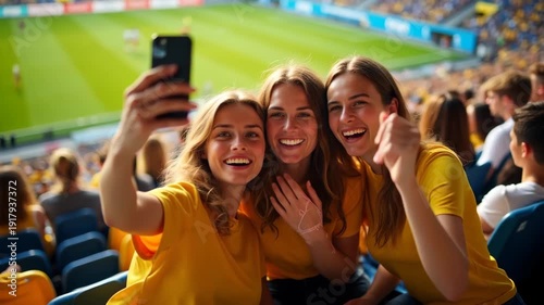 Swedish fans lifestyle concept showing friends taking a selfie in stadium seats with the green field visible behind them modern fan culture social connection 