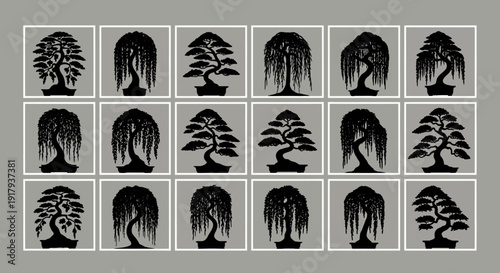 Bonsai and willow tree silhouette icon collection. Includes various styles of small potted trees and weeping willows. Created in a minimalist flat vector style with a black and gray palette.