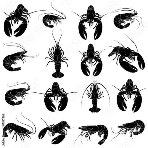 Seafood crustaceans black silhouette icon collection. Includes shrimp, prawn, lobster, and crayfish symbols in various poses. Created in a flat vector style with a solid black color palette.