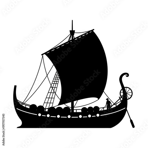 Viking longship silhouette vector illustration. Ancient Norse Drakkar ship with a large sail and oars, featuring a detailed hull and mast design, isolated on a white background.