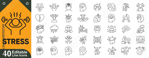 Stress icons set. Editable stroke outline icon collection. Mental health, anxiety, burnout, meditation, therapy, mindfulness symbols. Vector illustration.