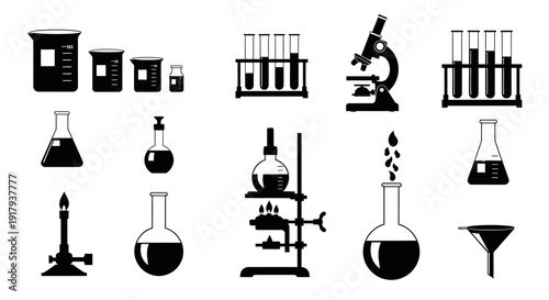 Chemistry laboratory equipment silhouette icon collection. Includes beakers, test tubes, microscope, flasks, bunsen burner, and funnels. Created in solid black and white style with a
