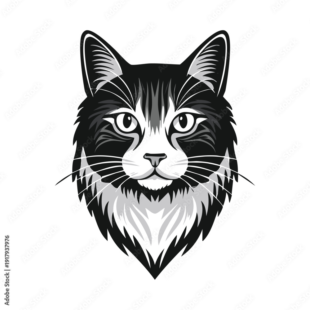 Fototapeta premium Cute cartoon vector illustration of a black and white domestic kitten face with a heart and expressive eyes isolated on a white background