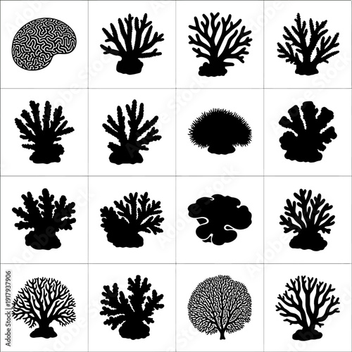 Coral reef silhouette icon collection. Includes various types of hard and soft corals, sea fans, and sponges. Created in a solid black vector style with a monochrome palette.