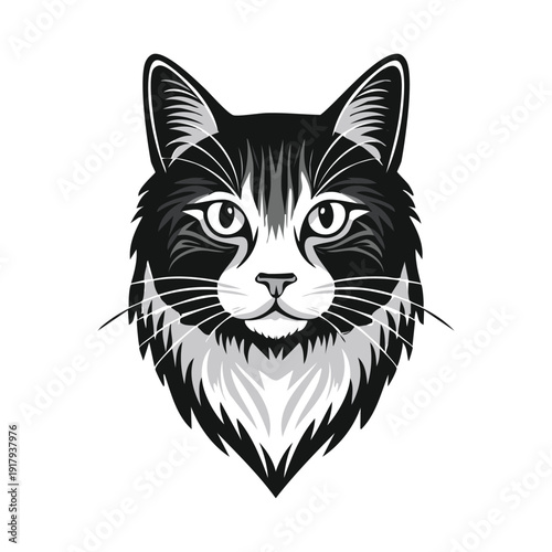 Cute cartoon vector illustration of a black and white domestic kitten face with a heart and expressive eyes isolated on a white background