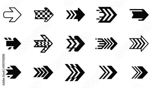 Set of black and white arrows and speed lines elements, vector illustration for rank titles, graphic design, racing visuals, motorsport graphics, dynamic layouts, motion design, digital media,