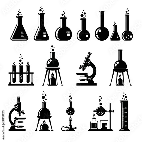 Science laboratory equipment glyph icon collection. Includes flasks, beakers, test tubes, microscopes, and Bunsen burners. Created in black and white silhouette style with a monochrome palette.