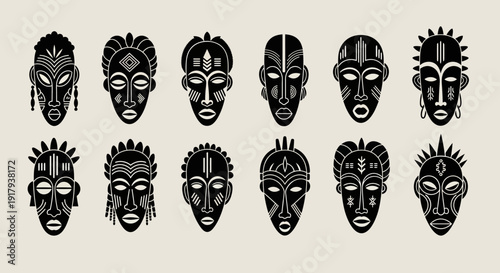 African tribal mask icon collection. Includes traditional, ritual, ethnic, cultural, spiritual, and ceremonial symbols. Created in flat black and white style with intricate patterns.