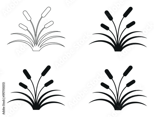 Four Stylized Cuttings of Cattails in Outline and Silhouette