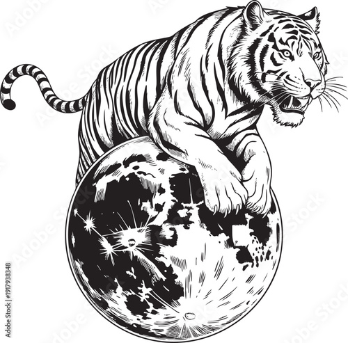 Illustration of a tiger clinging to a stylized moon in black and white.