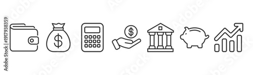 Financial black line icons set—vector illustration.