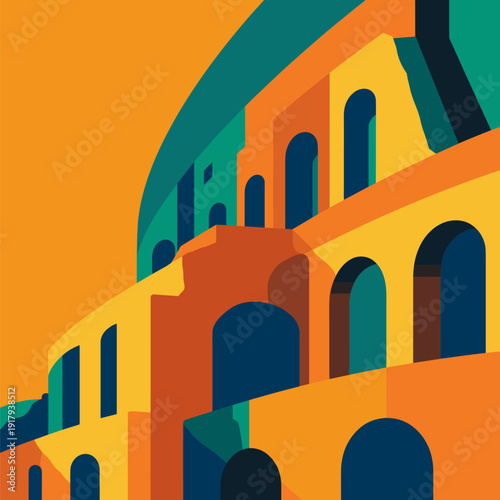 Ancient Rome Colosseum arches minimalist flat design. Colosseum arches depicting Roman architecture in a vibrant, modern flat graphic illustration style