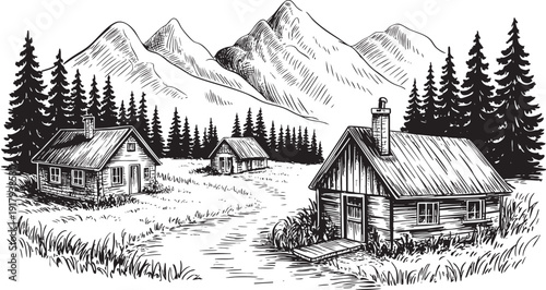 Sketch of cabins in the woods with mountains in the background.