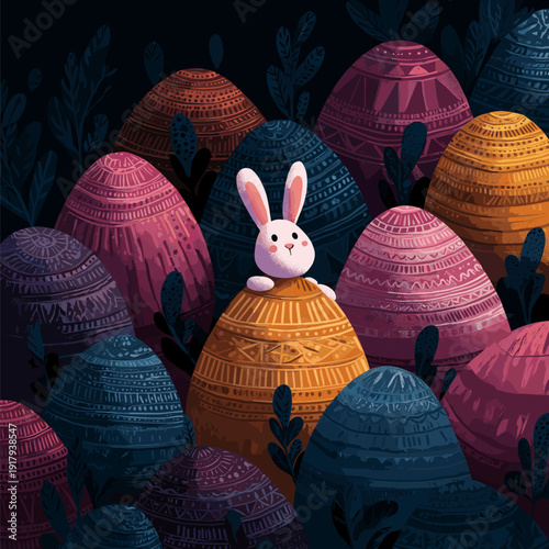 Bunny peeking from behind colorful Easter eggs greeting card. Bunny character hiding among patterned Easter eggs and dark foliage, celebrating the spring holiday