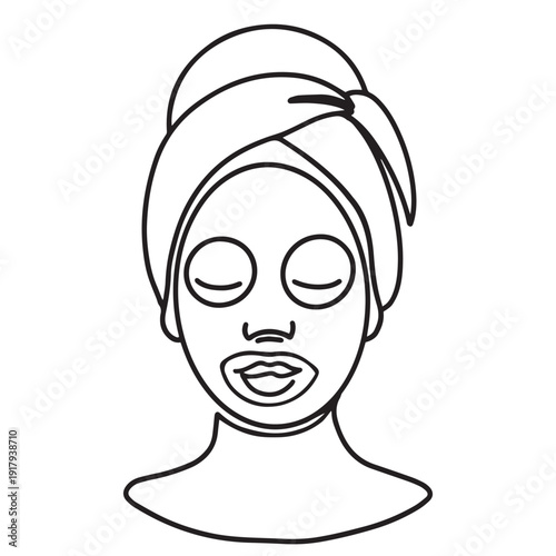 Young woman with closed eyes, towel on head and sheet face mask in continuous one line doodle style. Vector beauty spa element for banners and promo design