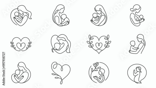 Elegant single line drawings of mothers and children in various heart and leaf designs for love and care concepts