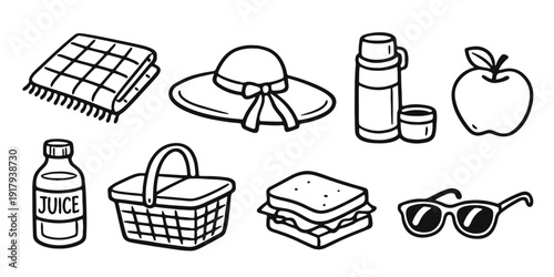Hand Drawn Doodle Summer Picnic Essentials Icons Collection