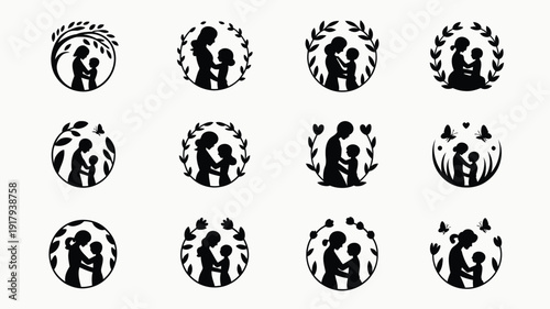 Mother's day icons set with elegant silhouettes of mothers and children in various poses surrounded by flowers and leaves on white background for greeting cards and promotions