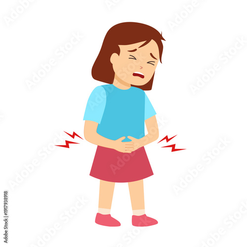 Little girl having stomach ache. Child pressing her hand to his abdomen. Health problems concept. Cartoon vector illustration isolated on white background.