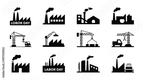 Labor day industrial silhouette icons set with factories construction sites and smokestacks on white background
