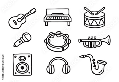 Music and Sound Icons. Hand Drawn Doodle Style Vector Illustrations of Instruments and Audio Equipment