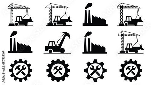 Industrial construction icons set with heavy machinery and tools black silhouettes on white background for engineering and manufacturing concepts