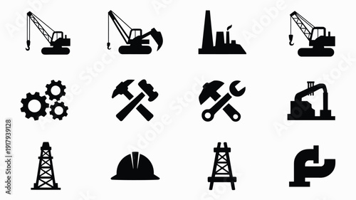 Construction icons set including cranes excavators tools drilling rigs and hard hats for industrial and engineering concepts