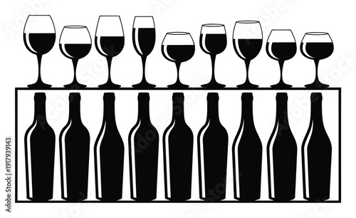Silhouette of wine bottles and glasses on a white background
